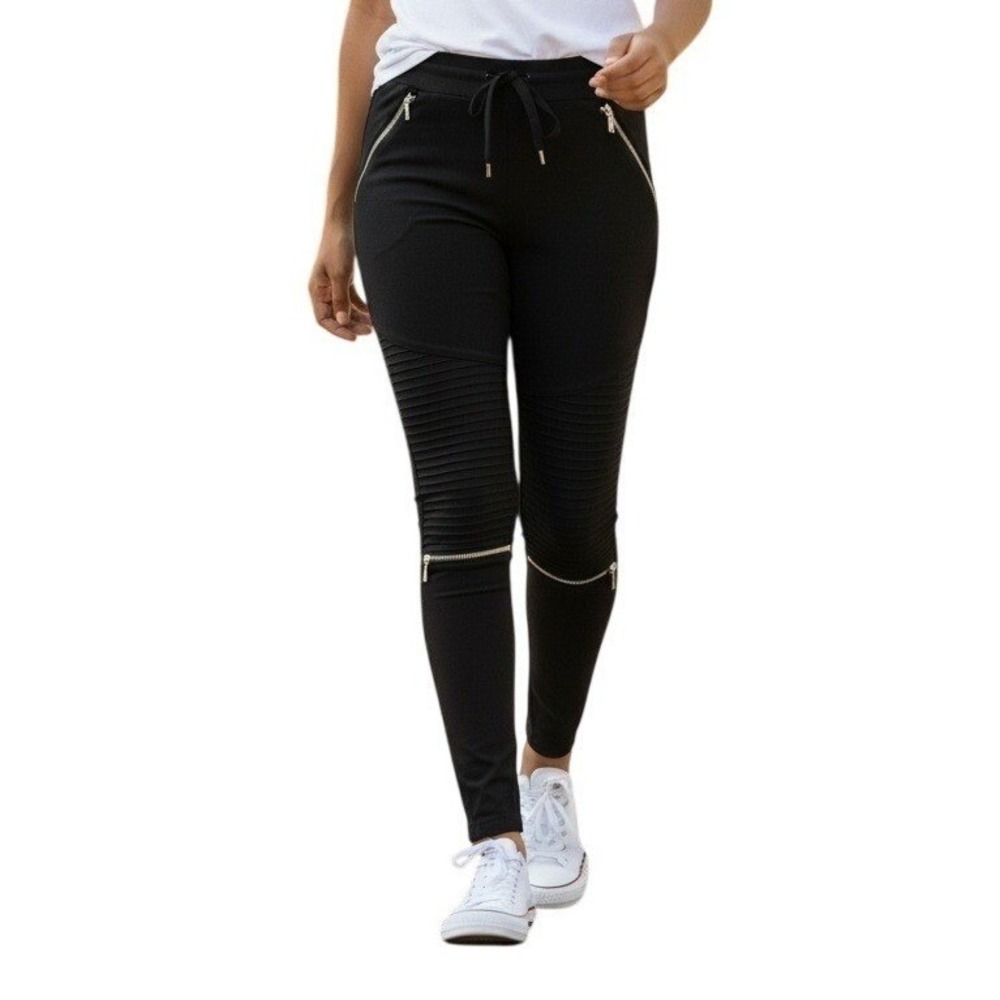 Shinestar Womens Black Moto Joggers Ribbed Zipper Stacked Pants YP3197S Large